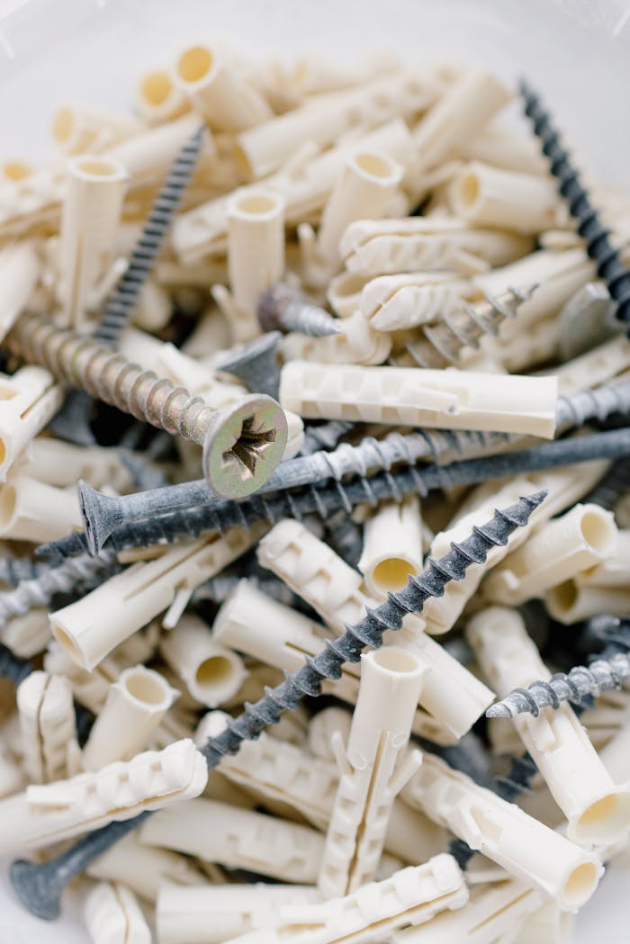 A detailed view of various screws and wall plugs in a container.